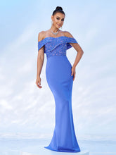 Off Shoulder Sequins Panel Black Evening Dress